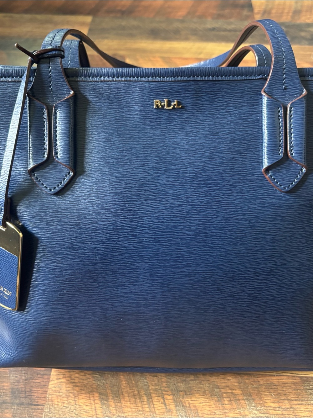 Lauren Ralph Lauren Navy Saffiano Tote with Gold Accent